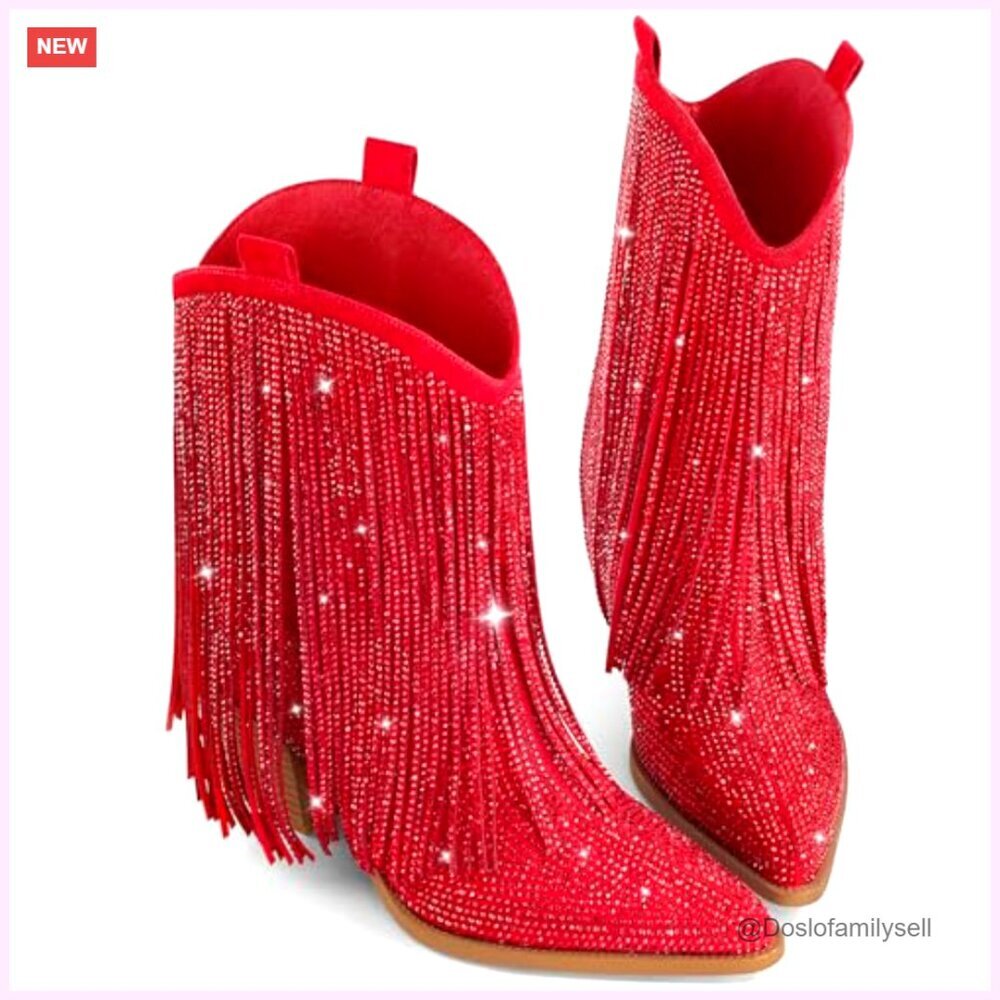 Suede Cowboy Boots with Rhinestones, Fringe, Chunky Heel, Pull-On - Picture 6 of 7